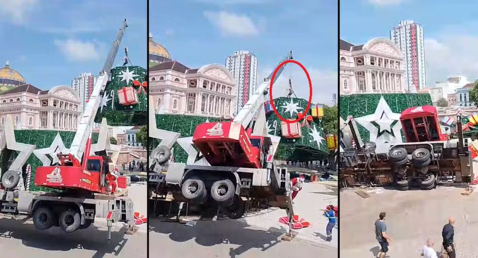 Trabalhador morre após tombamento de guindaste durante montagem de árvore de Natal em&nbsp;Manaus